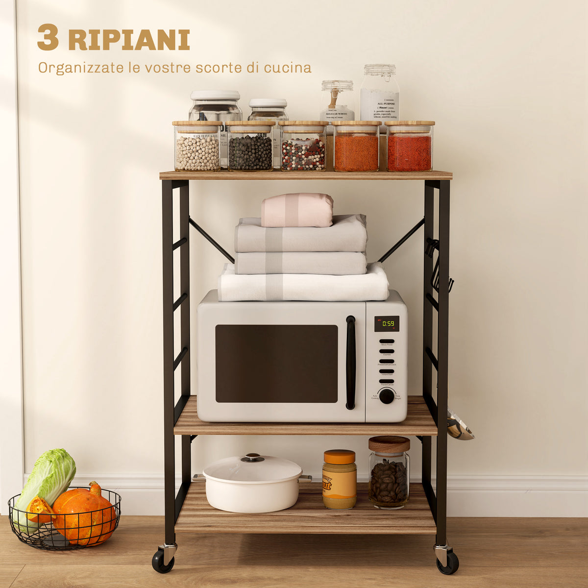Scaffale da Cucina Industriale con Ruote e 4 Ganci