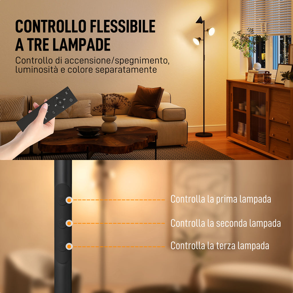 Lampada da Terra con 3 Teste Regolabili e Telecomando