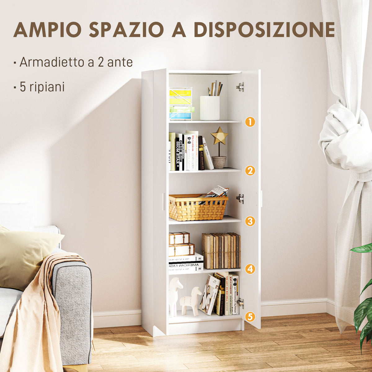 Mobile Multiuso Bianco con 5 Ripiani Regolabili