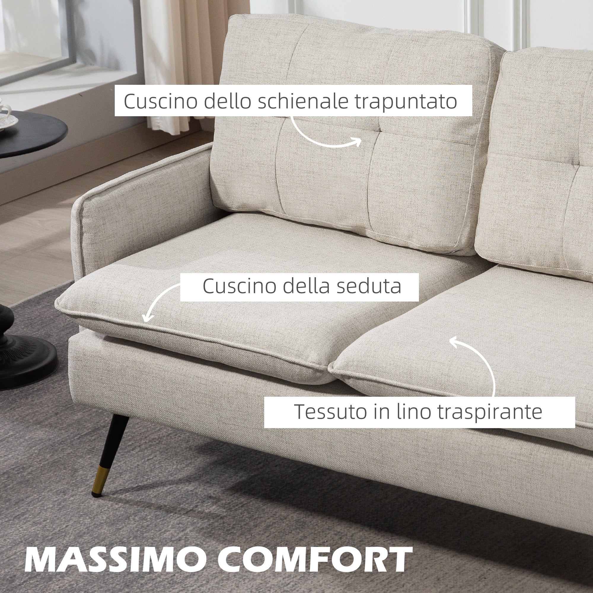 Divano 2 Posti in Tessuto Effetto Lino con Cuscini Imbottiti Bianco Crema