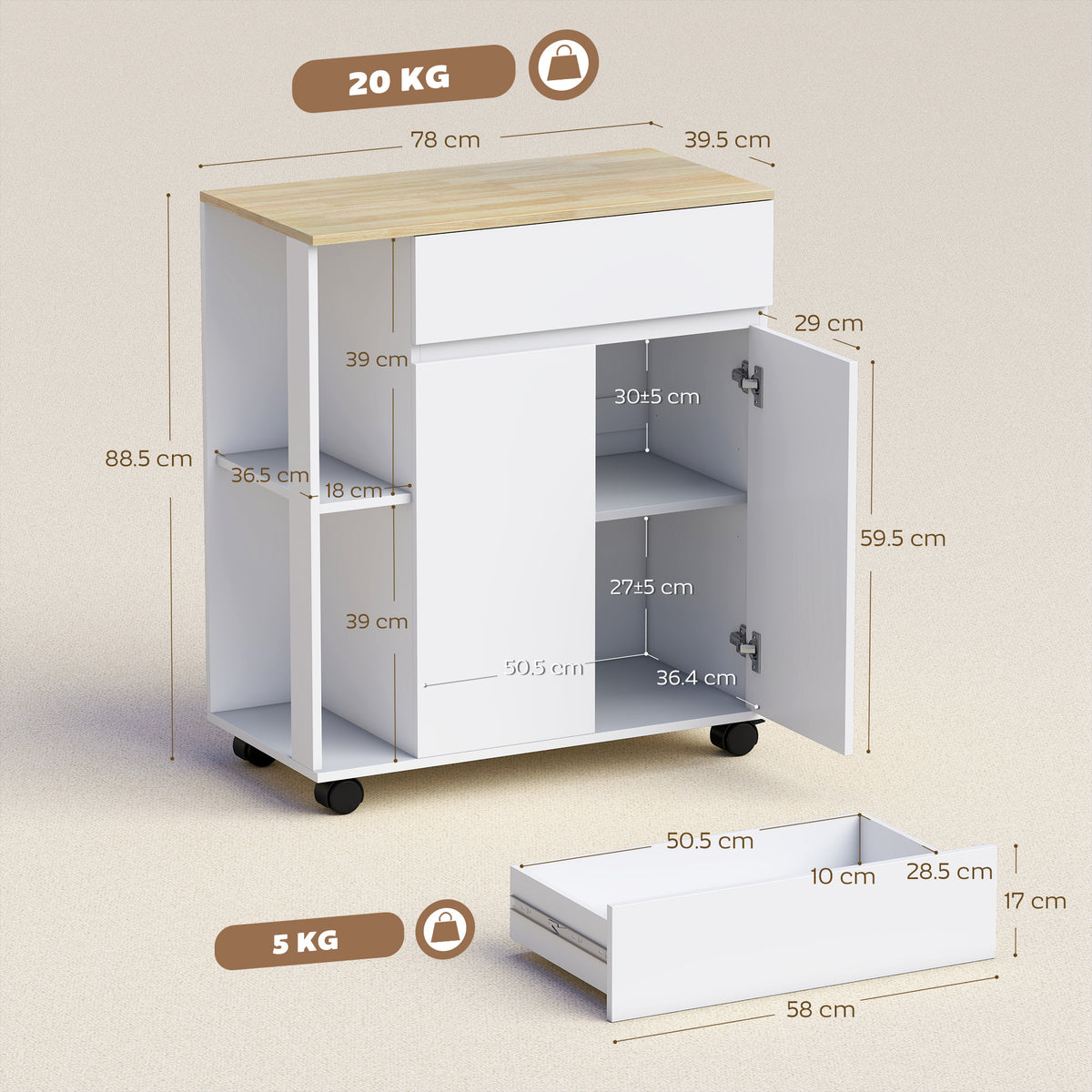 Carrello da Cucina Bianco e Rovere con Cassetto