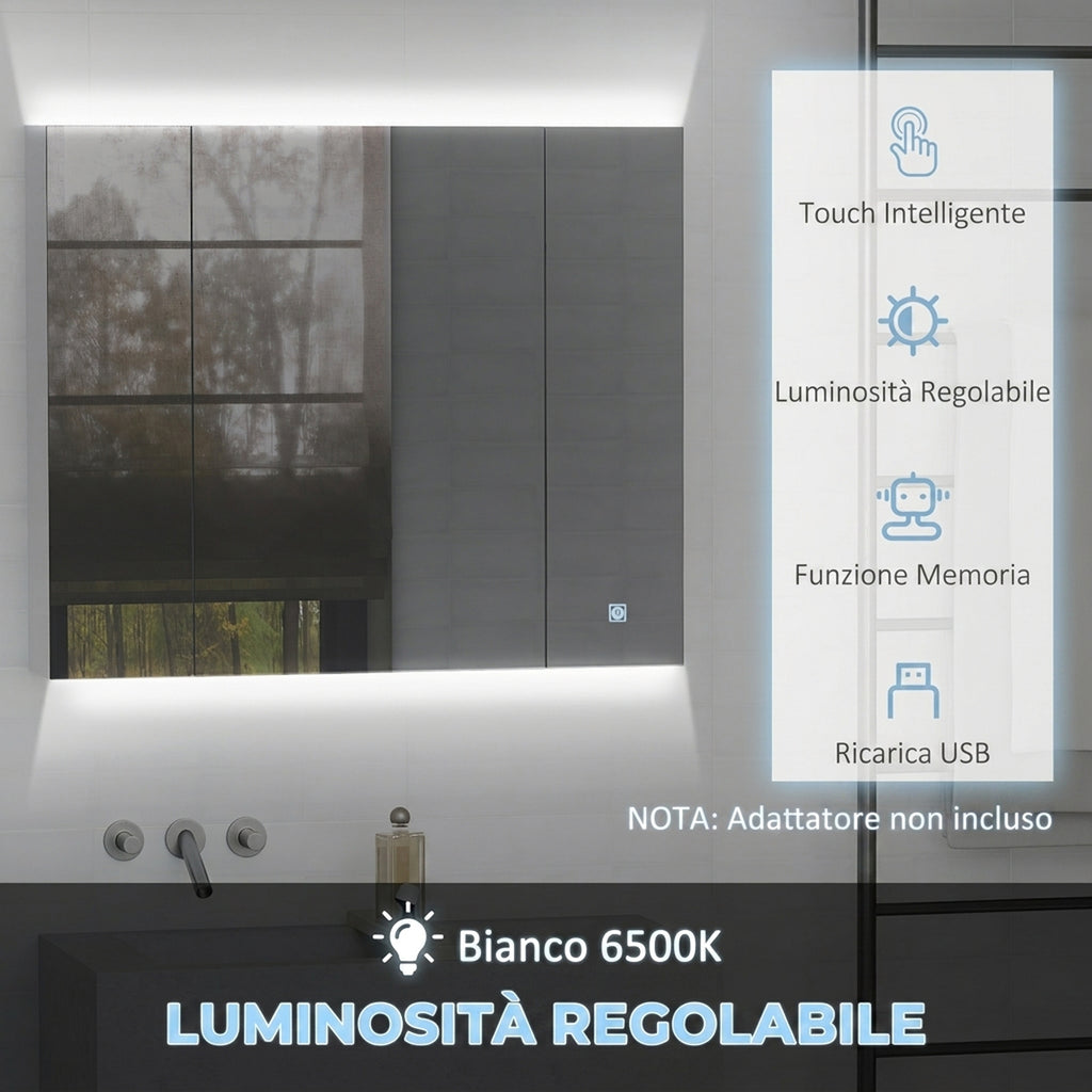 Specchio Bagno Contenitore LED 90 cm con Ripiani