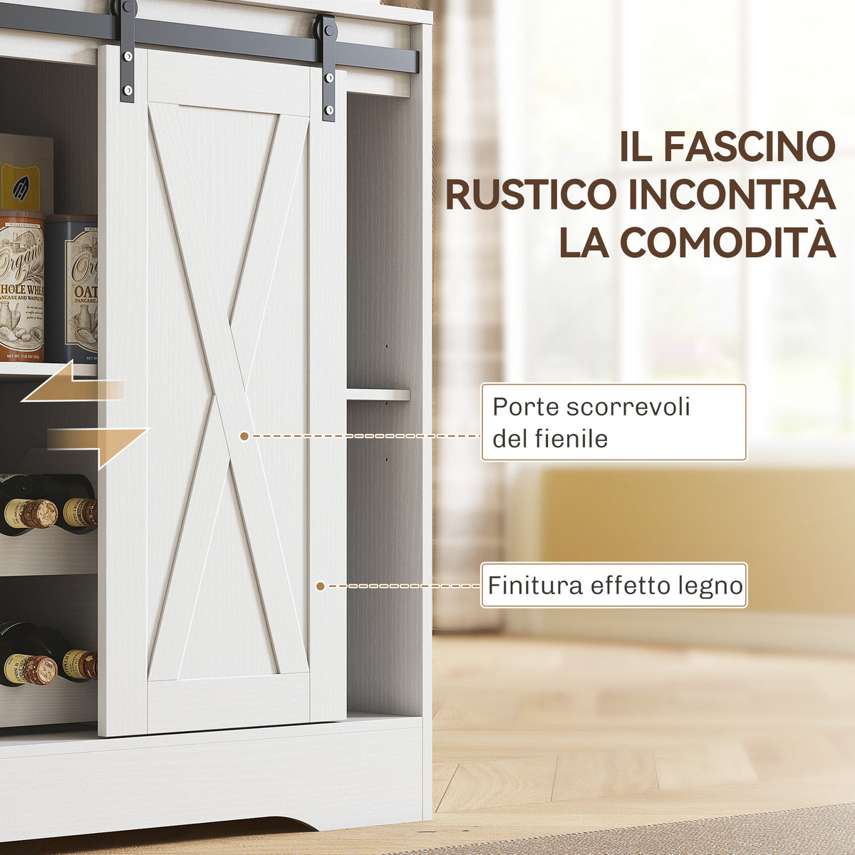 Credenza Cucina con LED, Prese Elettriche e Portabottiglie