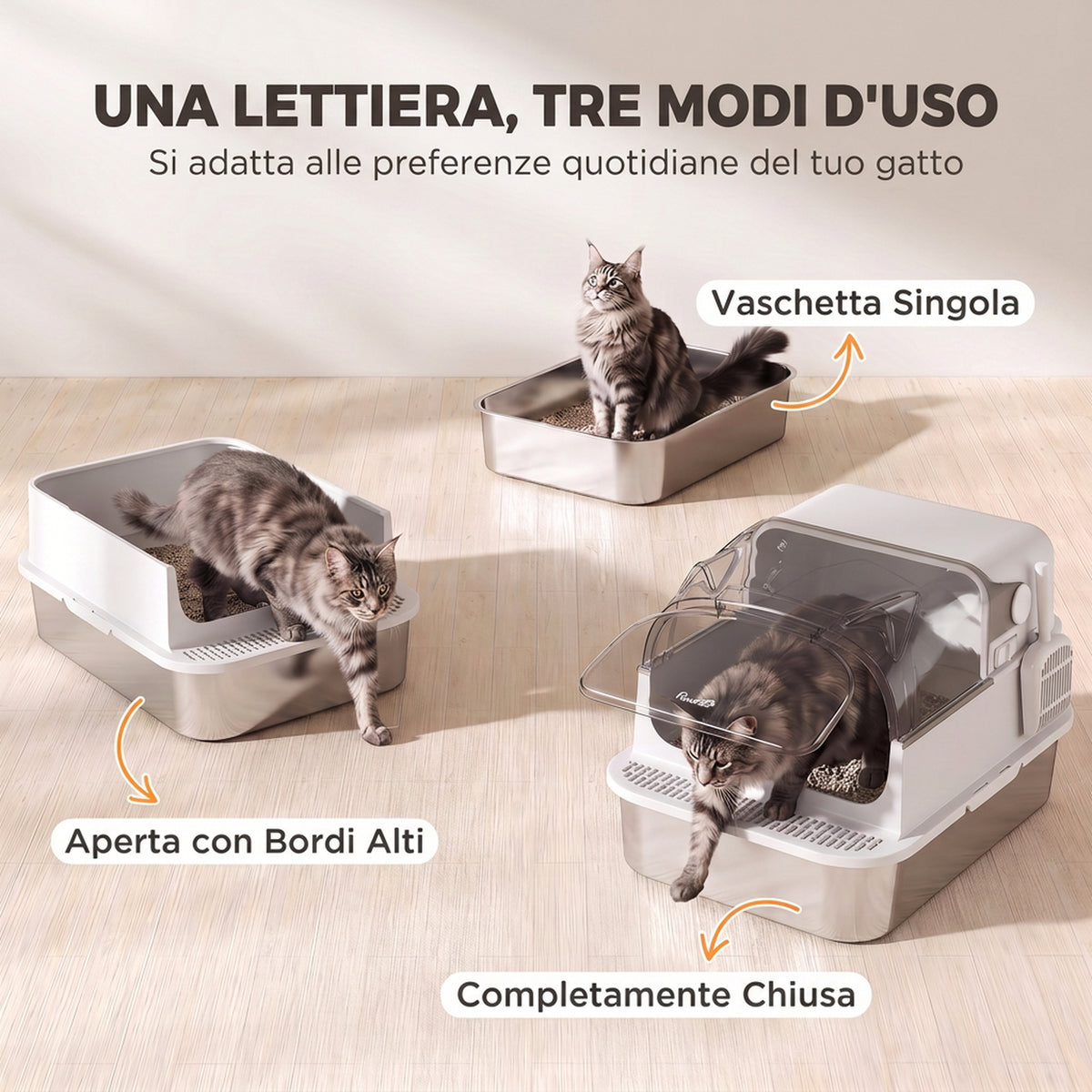 Lettiera Gatto XL 90L in Acciaio Inox con Coperchio