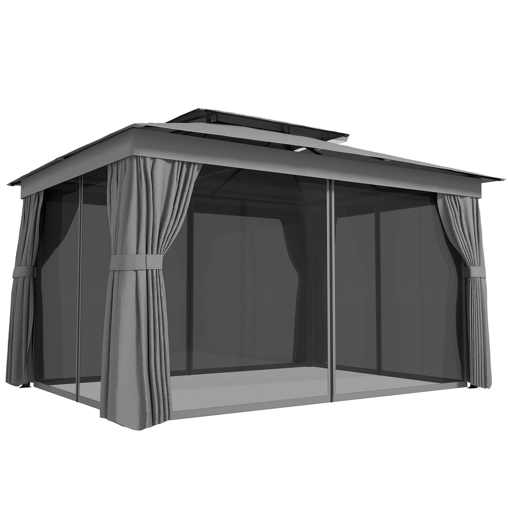 Gazebo da Giardino 3,8 x 3 m con Doppio Tetto e Tende Laterali