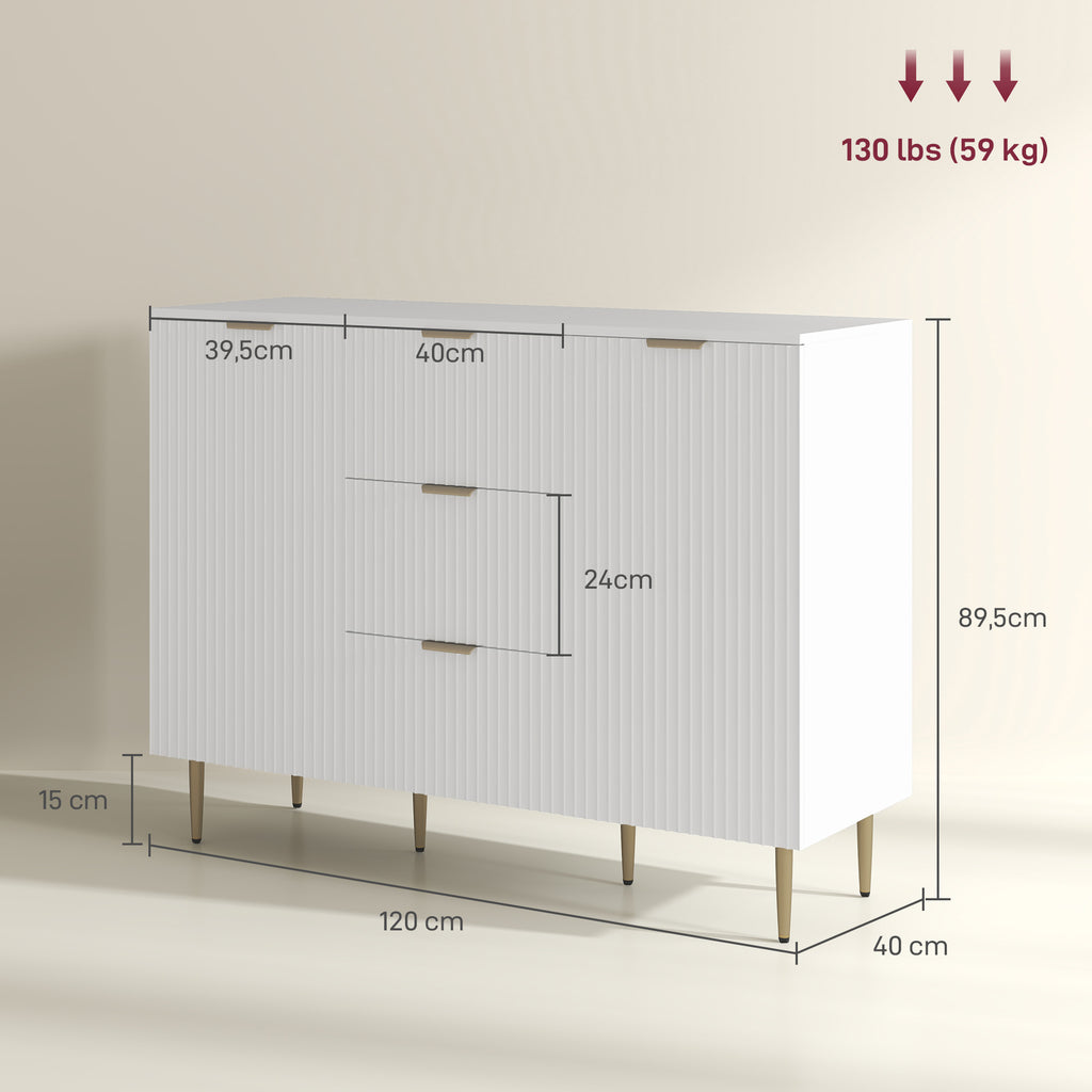Credenza Moderna con 3 Cassetti, 2 Armadietti e Ripiani Regolabili in Legno e Metallo