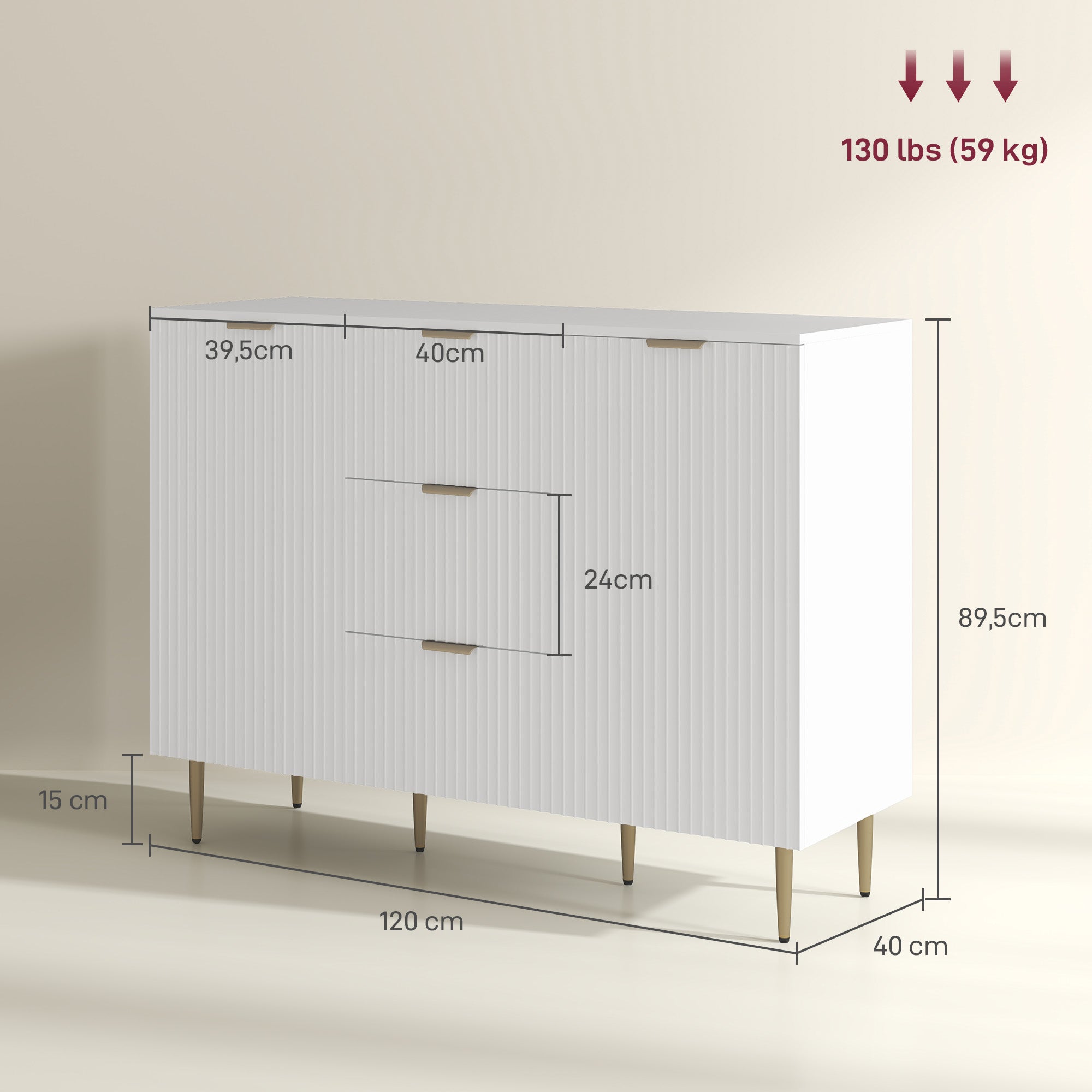 Credenza Moderna con 3 Cassetti, 2 Armadietti e Ripiani Regolabili in Legno e Metallo