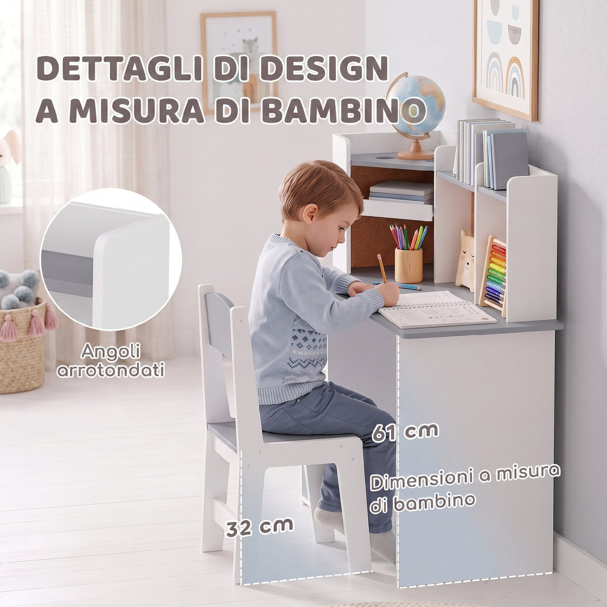 Scrivania Bambini con Sedia e Supporto Tablet
