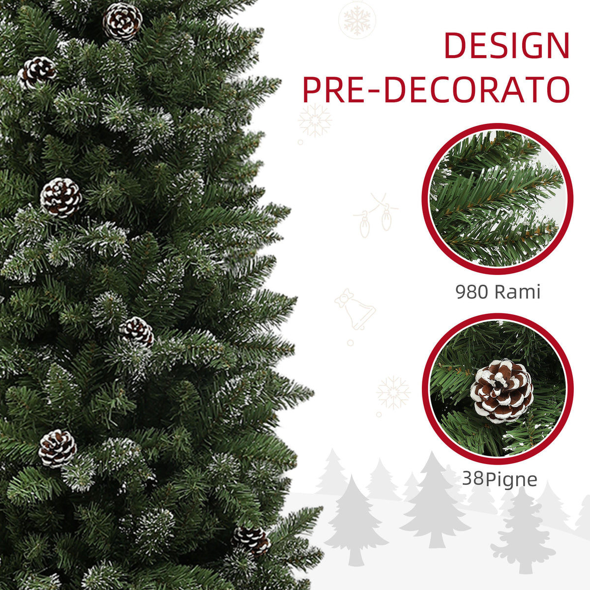 Albero di Natale Innevato 225 cm con 980 Rami e Pigne