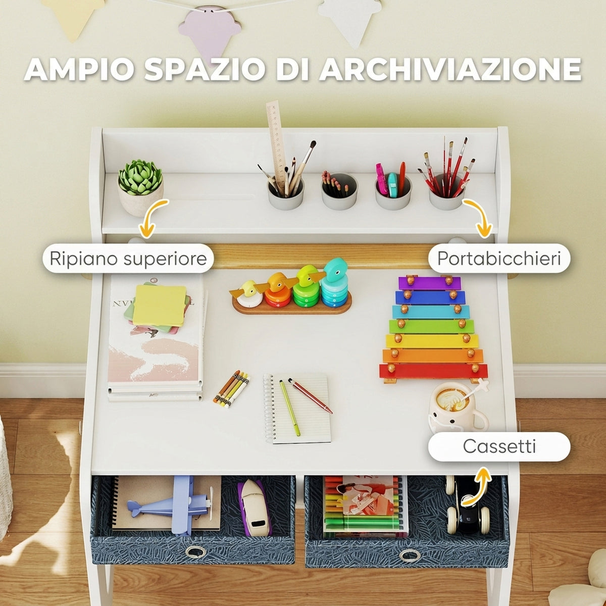 Scrivania con Sedia per Bambini e 2 Cassetti