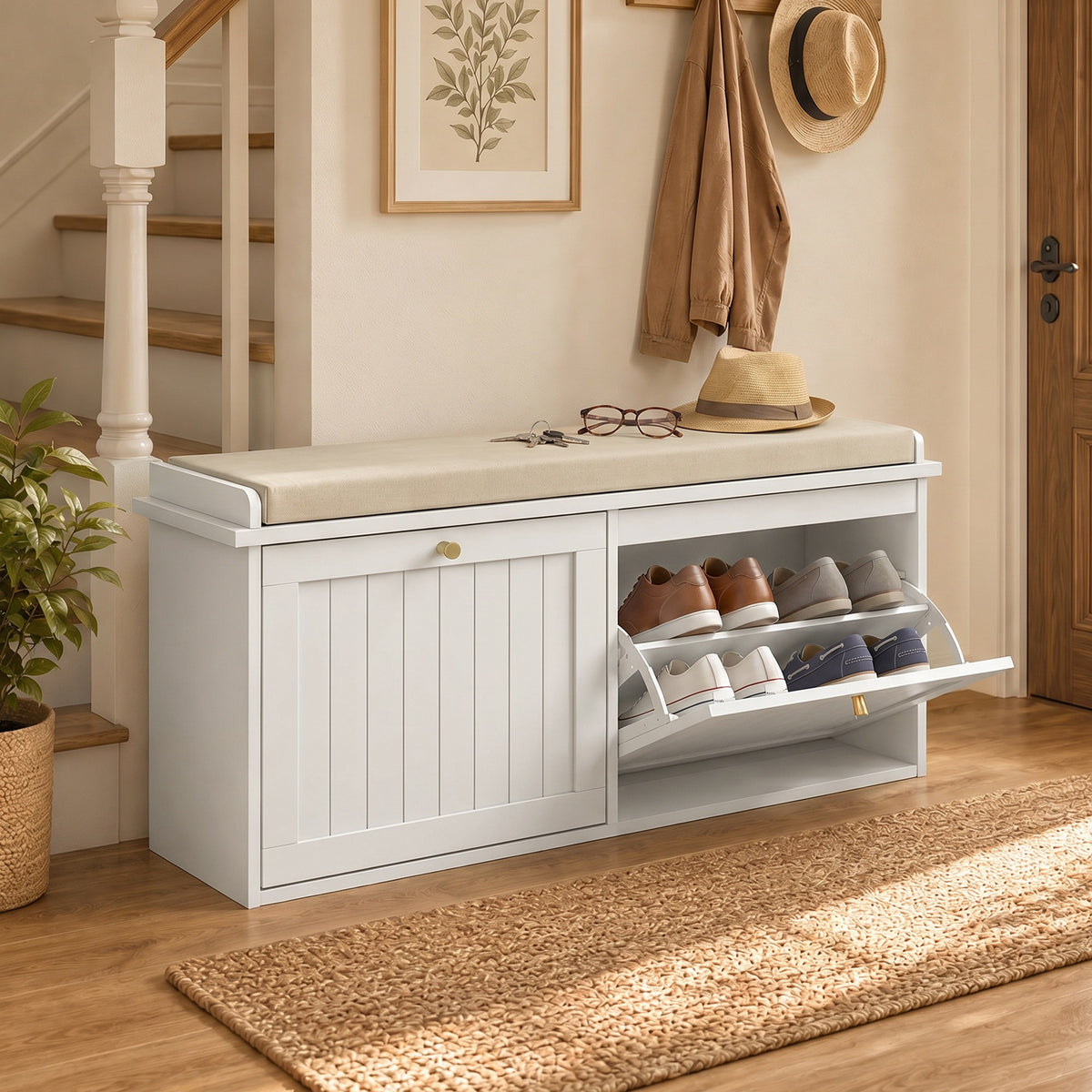 Panca Portascarpe Ingresso con Cuscino e 2 Cassetti