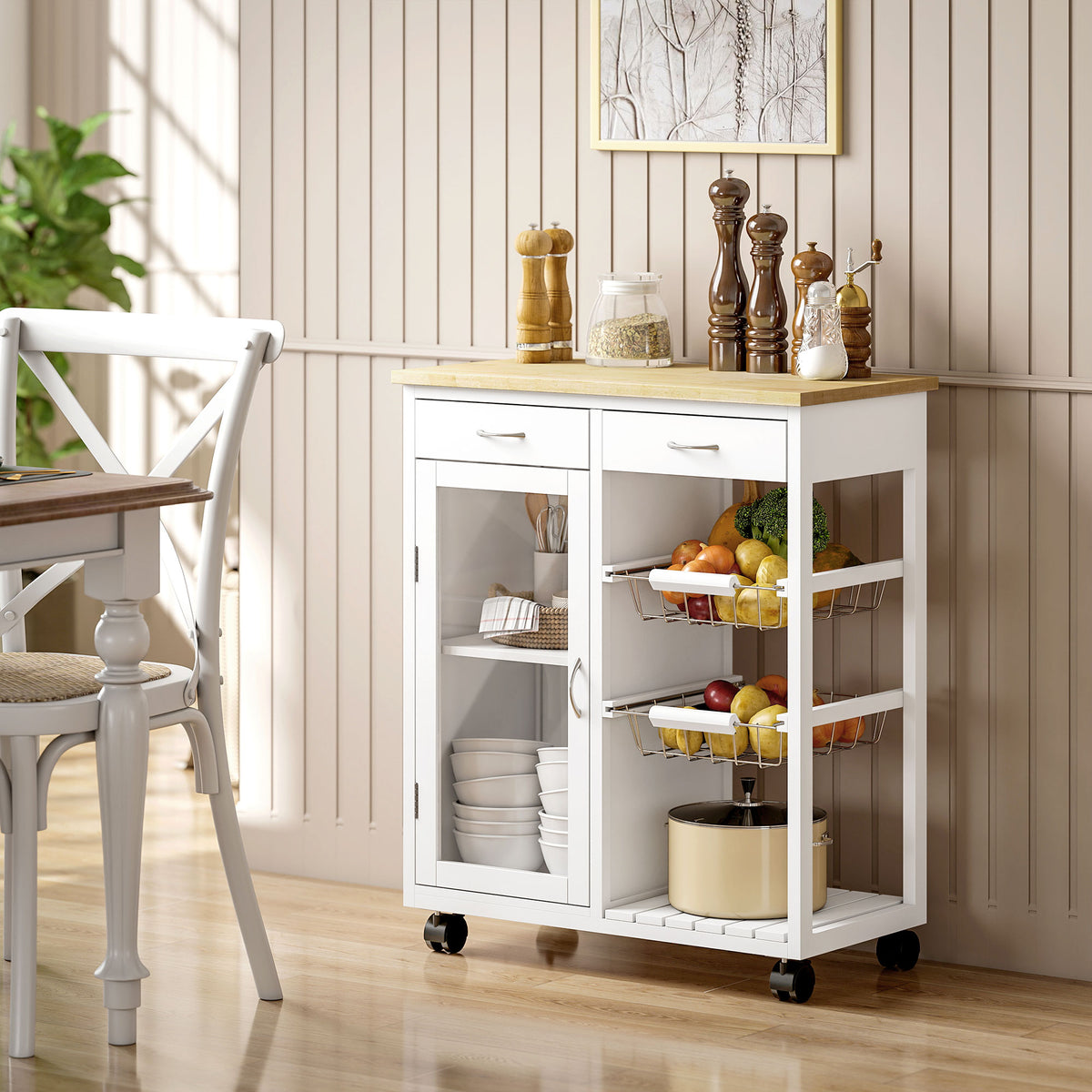 Carrello da Cucina in Bambù Bianco con 2 Cassetti