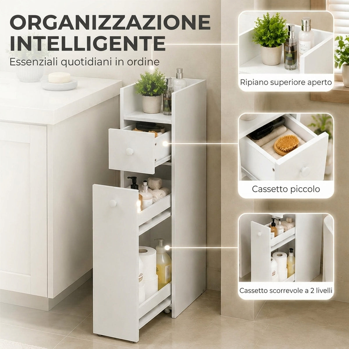Mobiletto Bagno Salvaspazio Bianco con Cassetti e Ruote