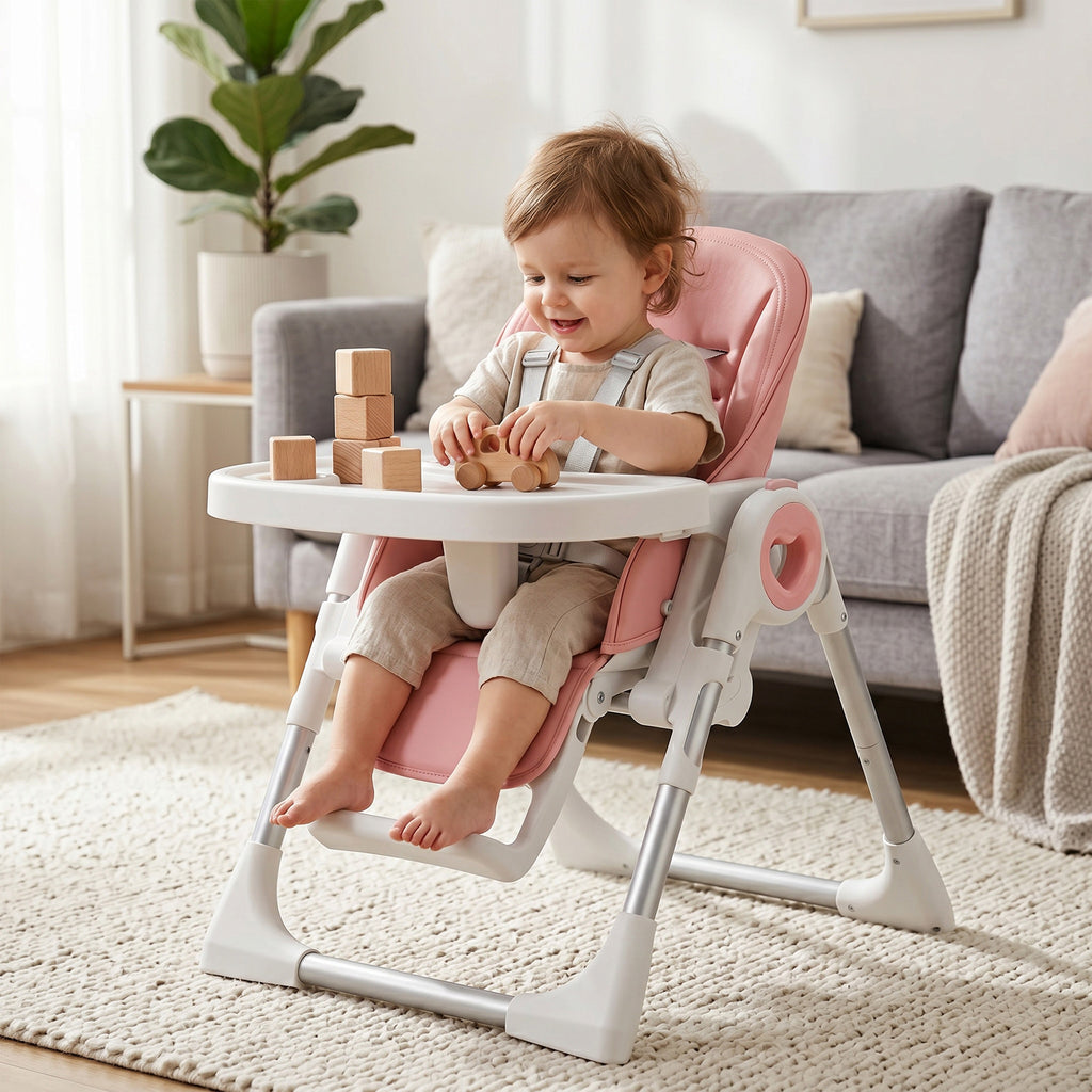 Seggiolone Pappa Pieghevole Rosa con Altezza Regolabile