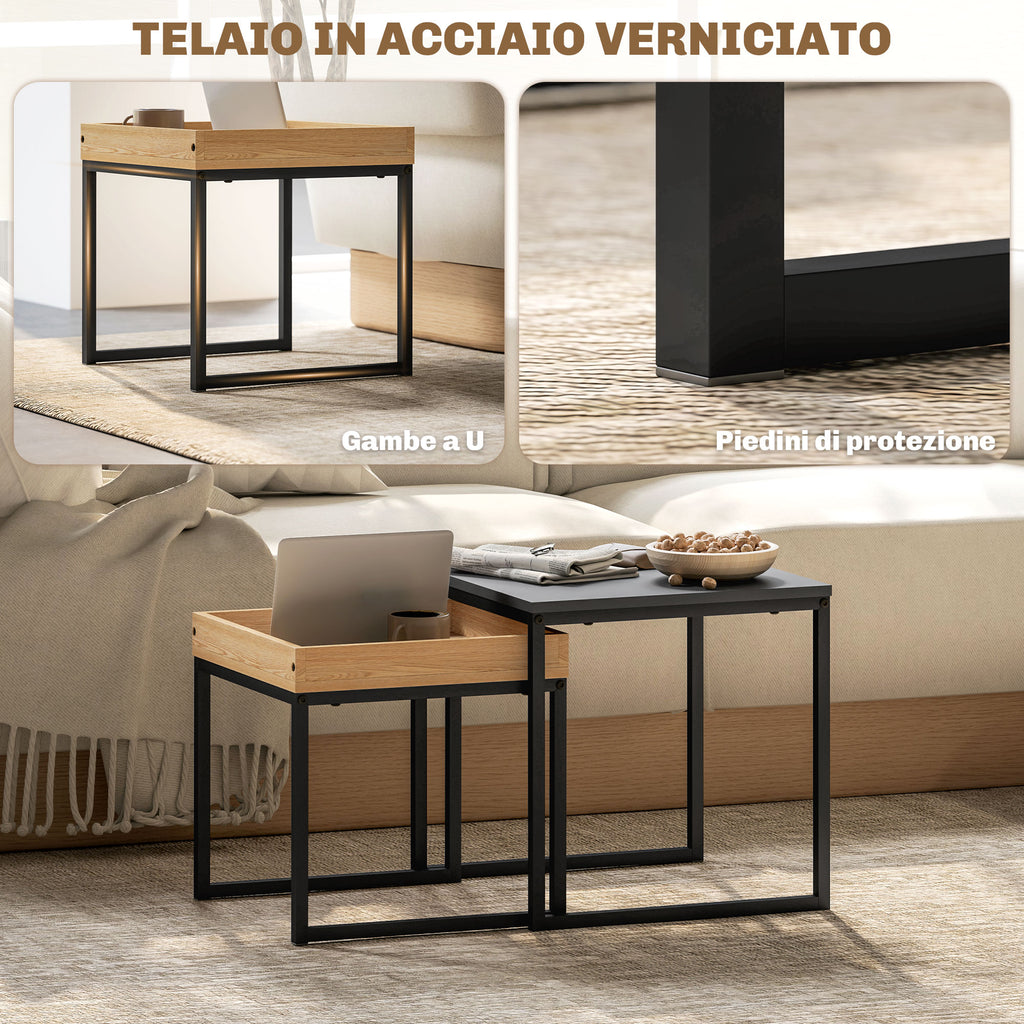 Set di 2 Tavolini da Caffè Moderni con Gambe a U in Legno e Acciaio Nero