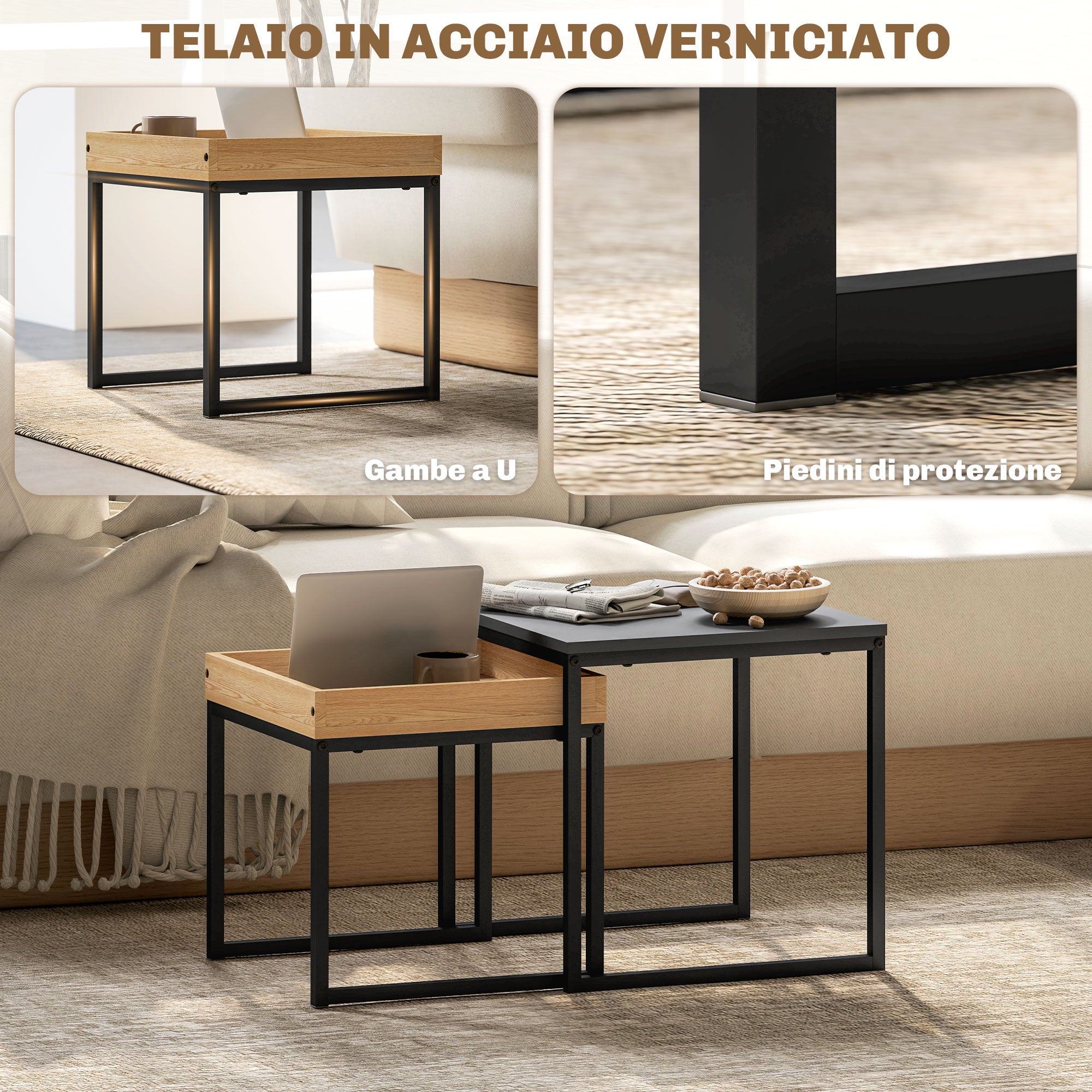 Set di 2 Tavolini da Caffè Moderni con Gambe a U in Legno e Acciaio Nero