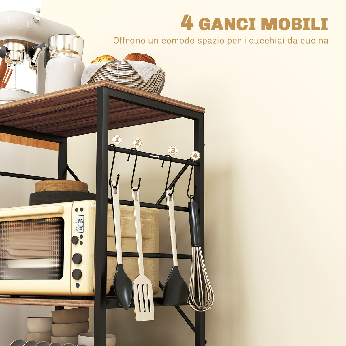 Scaffale da Cucina Industriale con Ruote e 4 Ganci