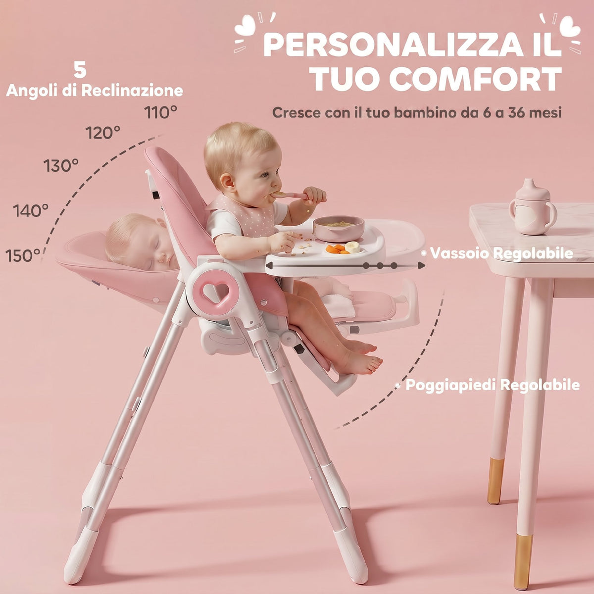 Seggiolone Pappa Pieghevole Rosa con Altezza Regolabile