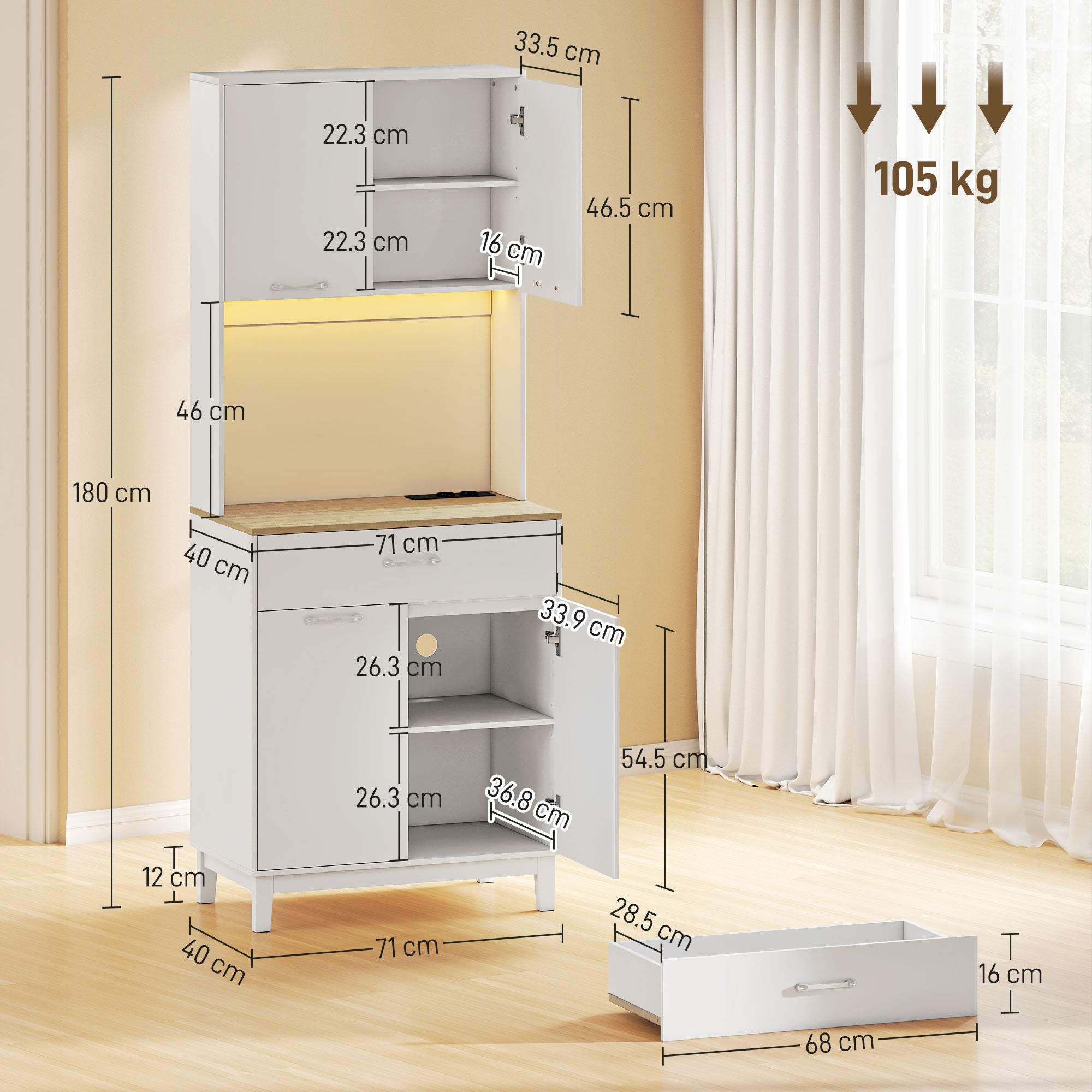 Credenza Moderna con Luci LED, Prese Elettriche e USB, 2 Armadietti e Cassetto