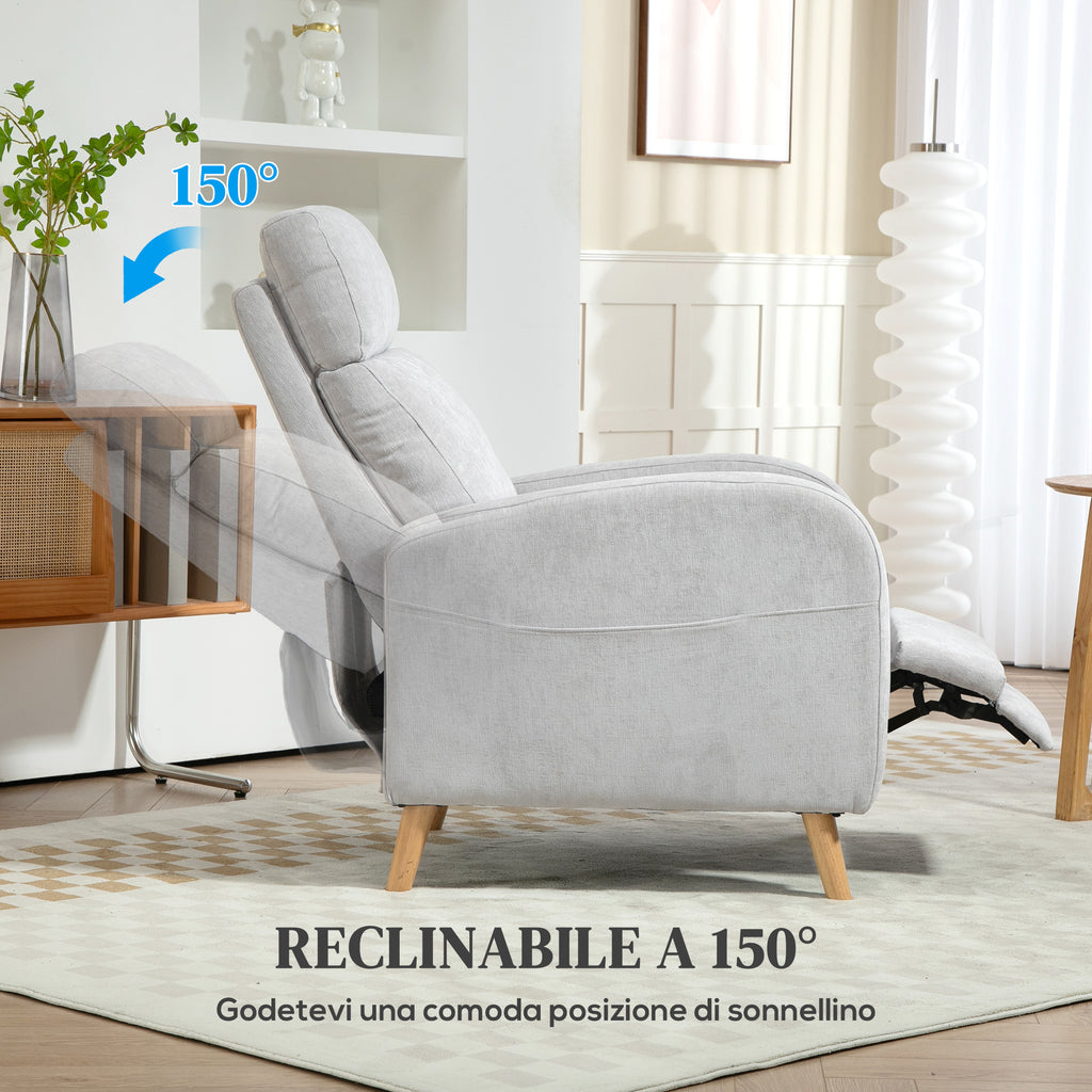 Poltrona Relax Reclinabile fino a 150° con Poggiapiedi in Tessuto Effetto Lino Grigio Chiaro