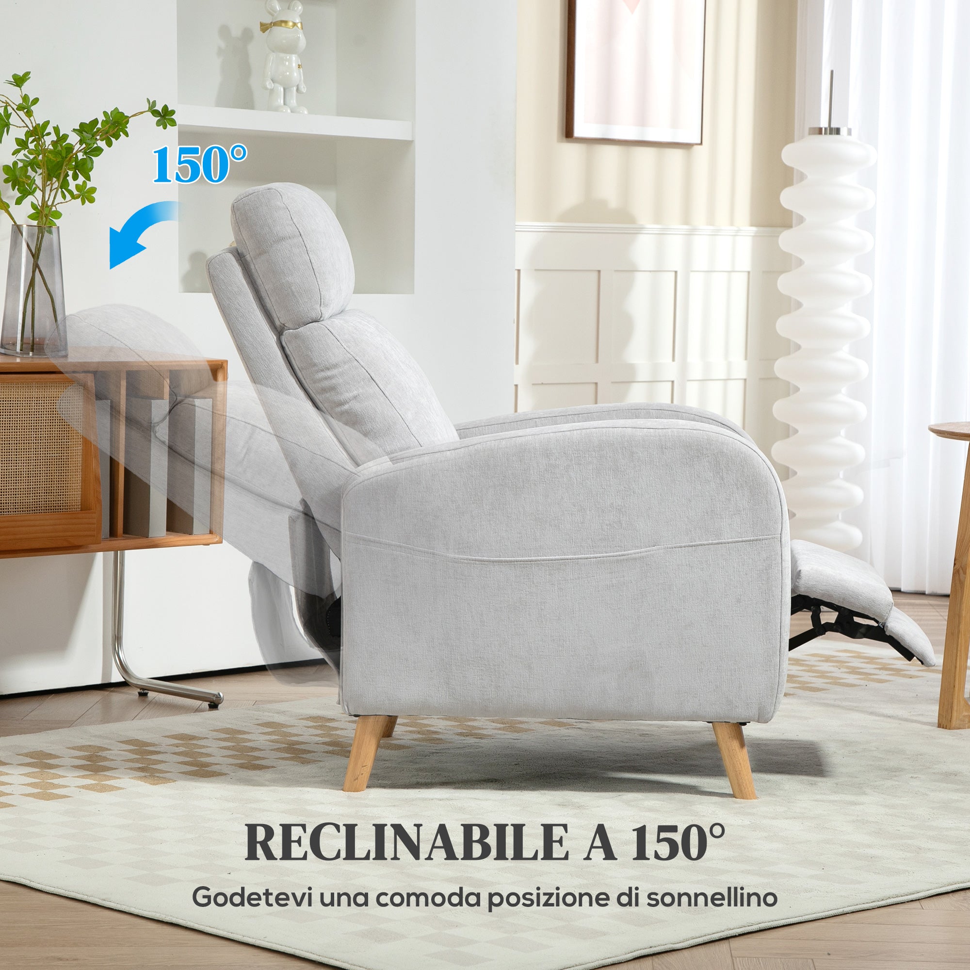 Poltrona Relax Reclinabile fino a 150° con Poggiapiedi in Tessuto Effetto Lino Grigio Chiaro
