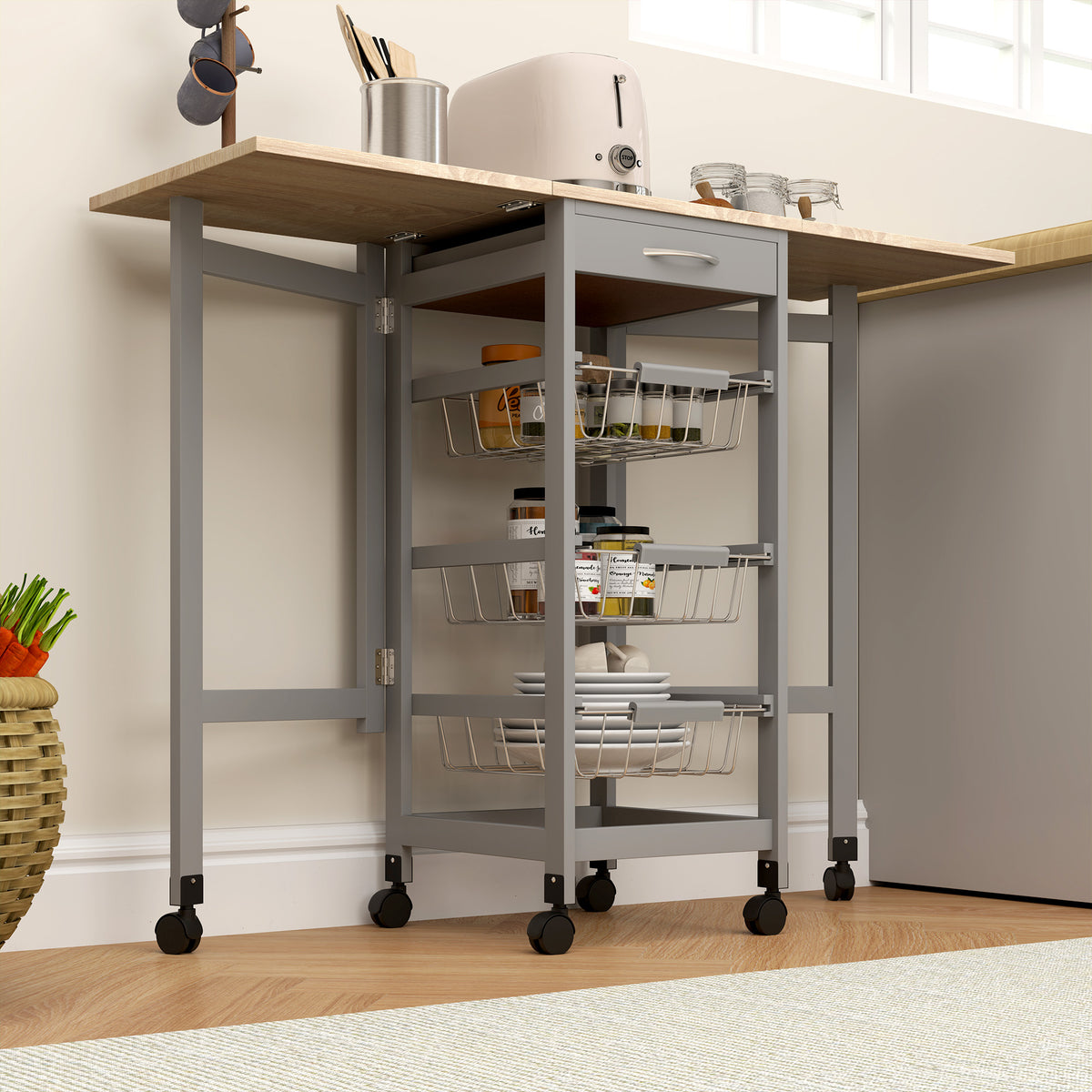 Carrello da Cucina Grigio e Rovere con 3 Cestini