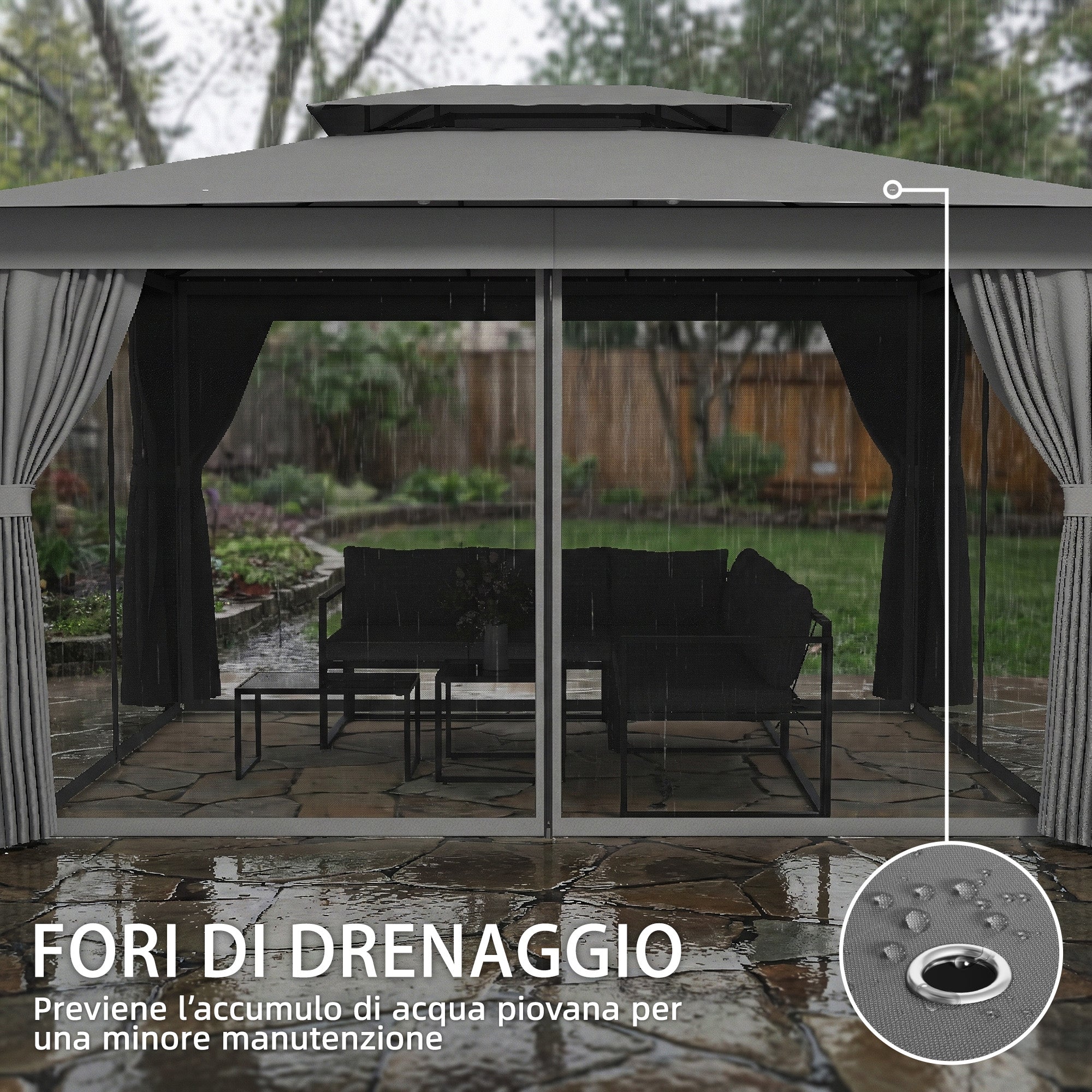 Gazebo da Giardino 3,8 x 3 m con Doppio Tetto e Tende Laterali