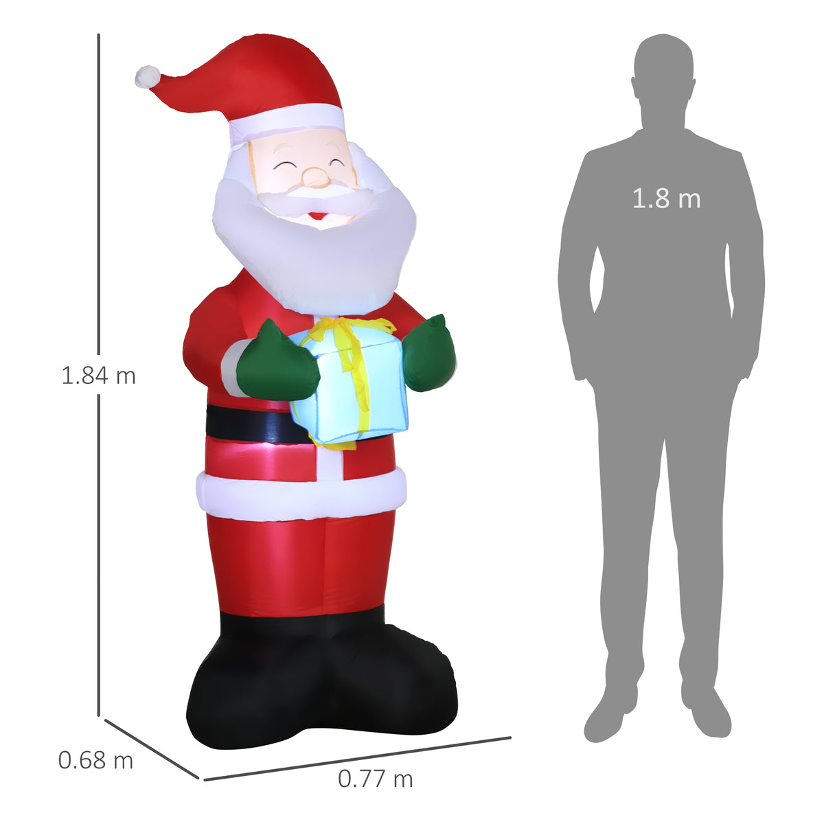 Babbo Natale Gonfiabile con Regalo, 3 Luci LED 184 cm