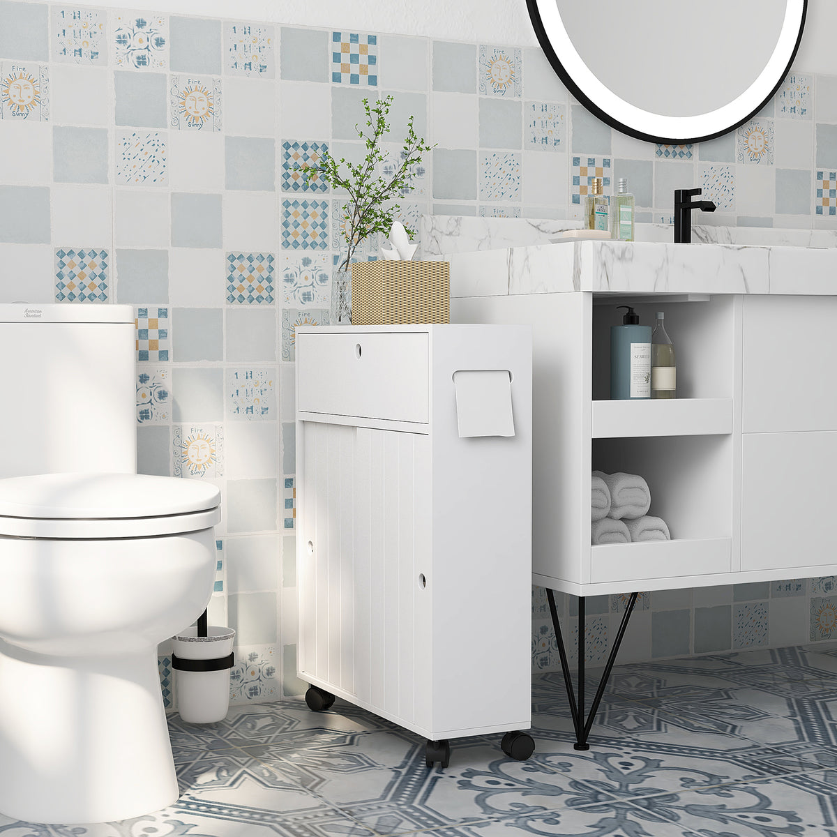 Mobile Bagno con Porta Rotolo e Ruote 52x17x67 cm