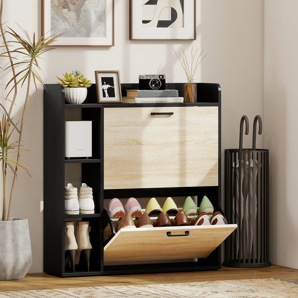 Scarpiera Slim Nera con 2 Cassetti e 3 Vani Aperti