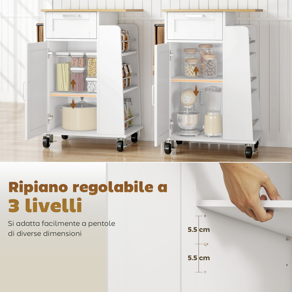 Carrello da Cucina Bianco con Portaspezie e Portasciugamani