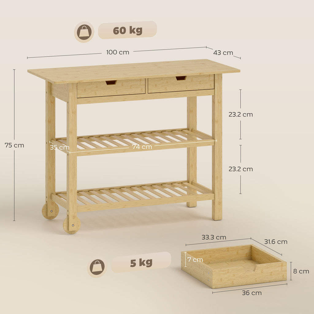 Carrello da Cucina in Bambù con 2 Cassetti
