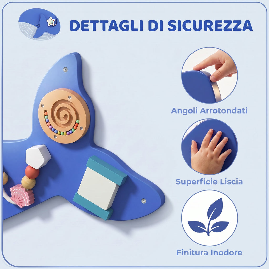 Busy Board Montessori in Legno 13 in 1 – Pannello Sensoriale da Parete per Bambini dai 2 Anni – Balena Blu