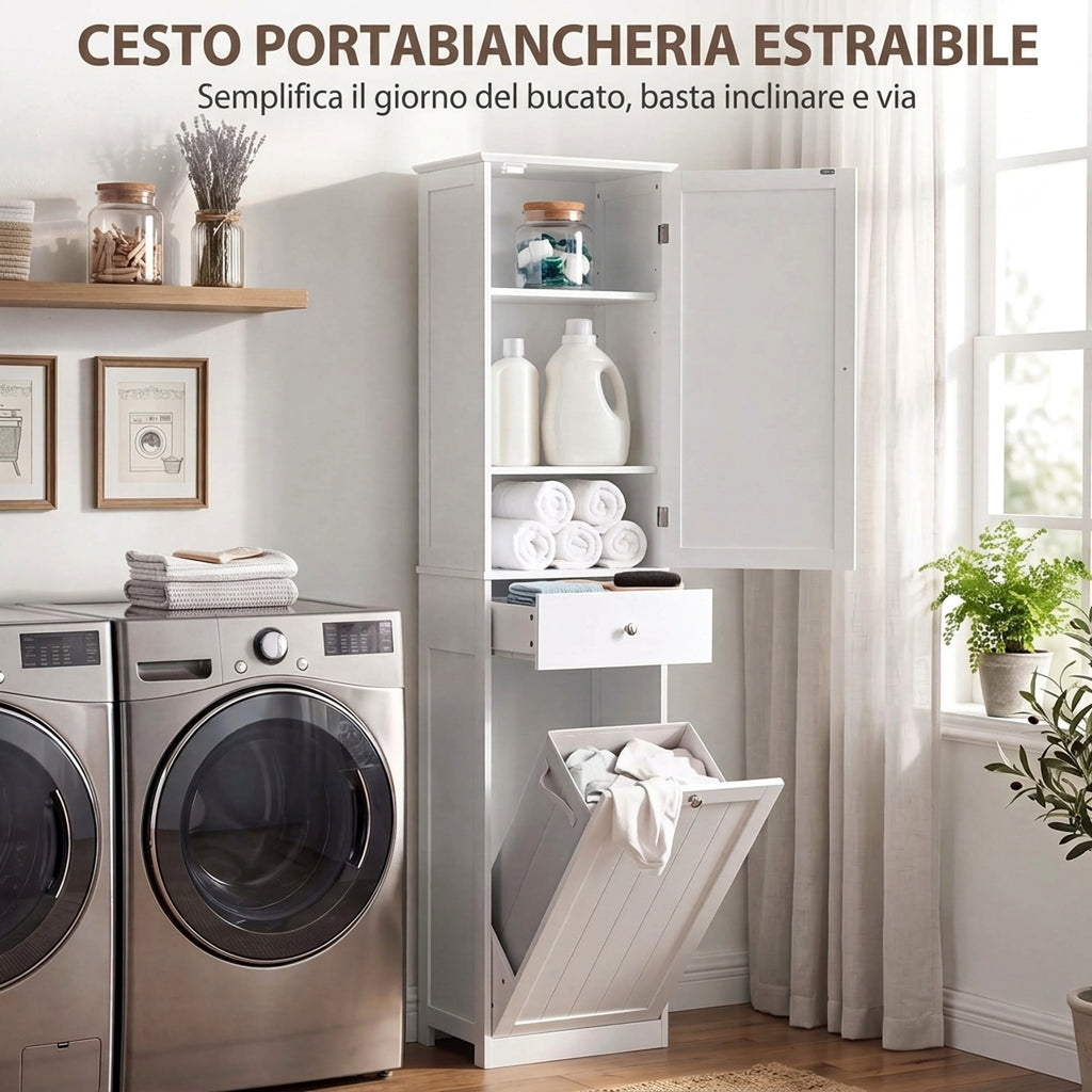 Mobile Bagno a Colonna 180 cm con Cesto Portabiancheria