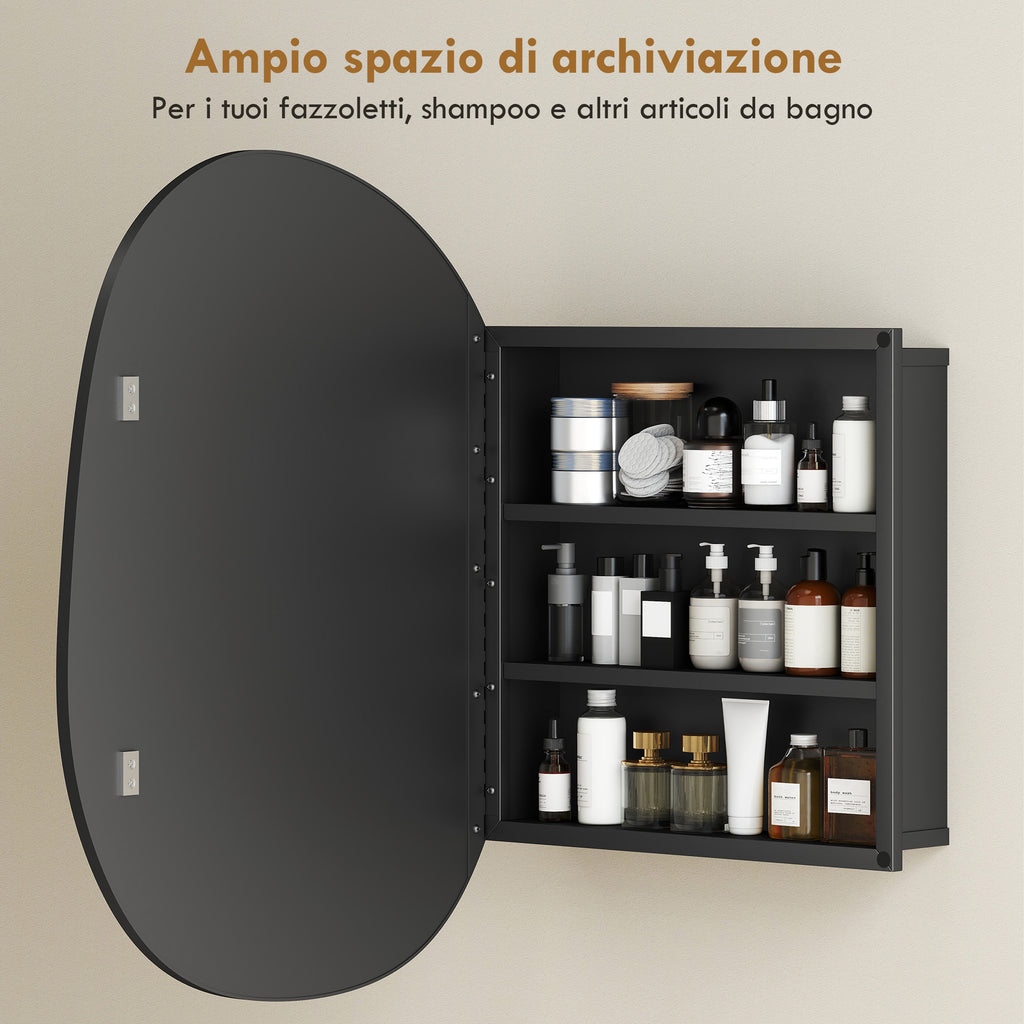 Armadietto Bagno Nero con Specchio e Ripiani