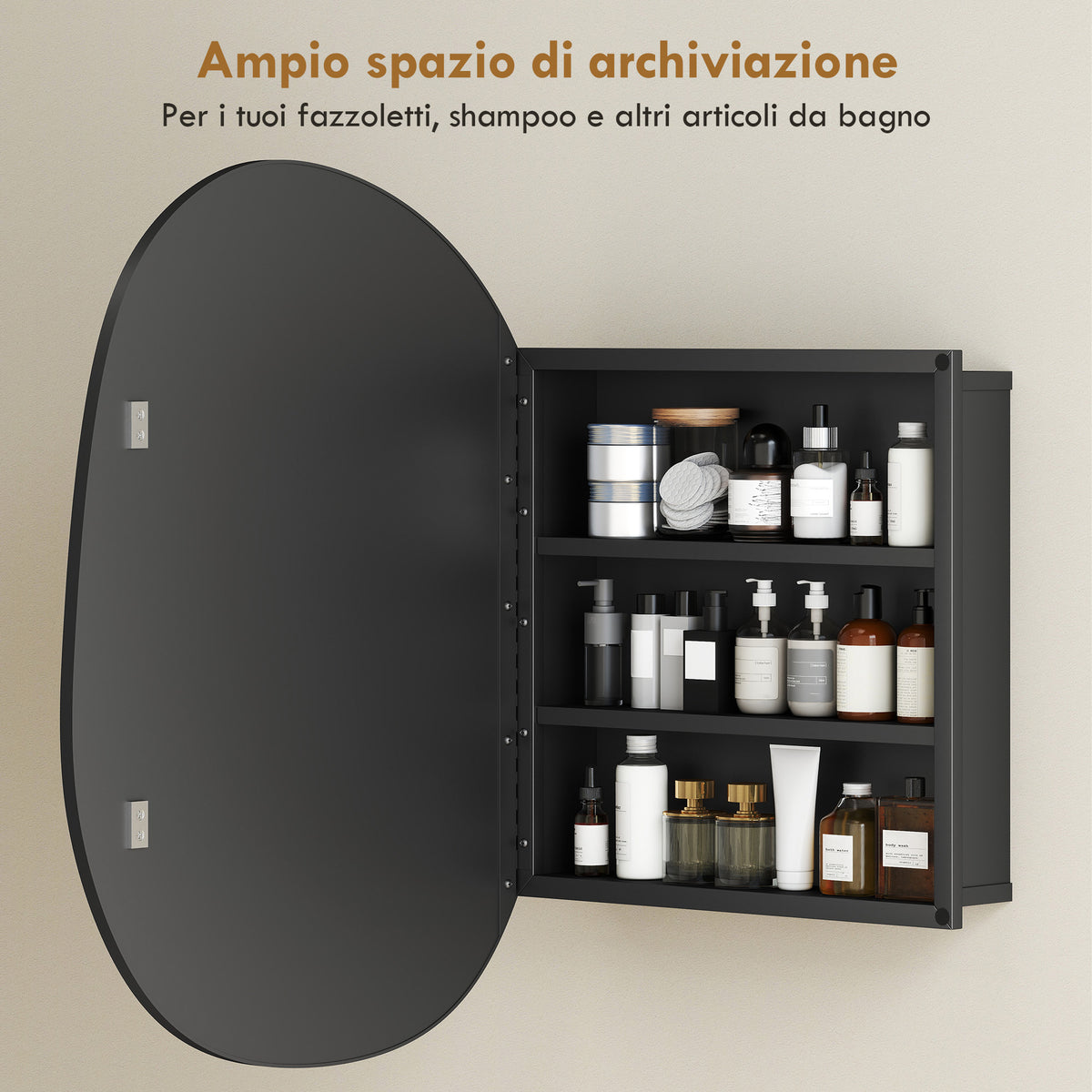 Armadietto Bagno Nero con Specchio e Ripiani