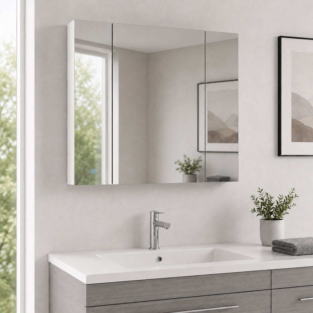 Specchio Bagno Contenitore LED 90 cm con Ripiani