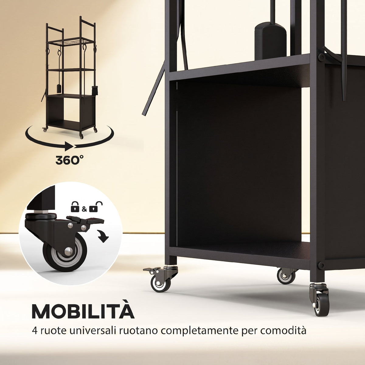 Portalegna con Ruote e 4 Utensili per Camino