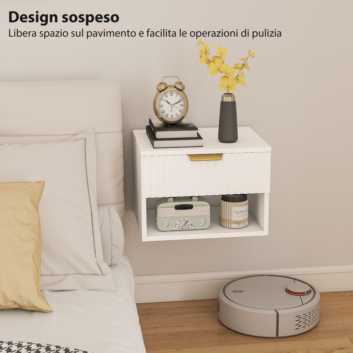 Set 2 Comodini Sospesi Bianchi con Cassetto Scanalato