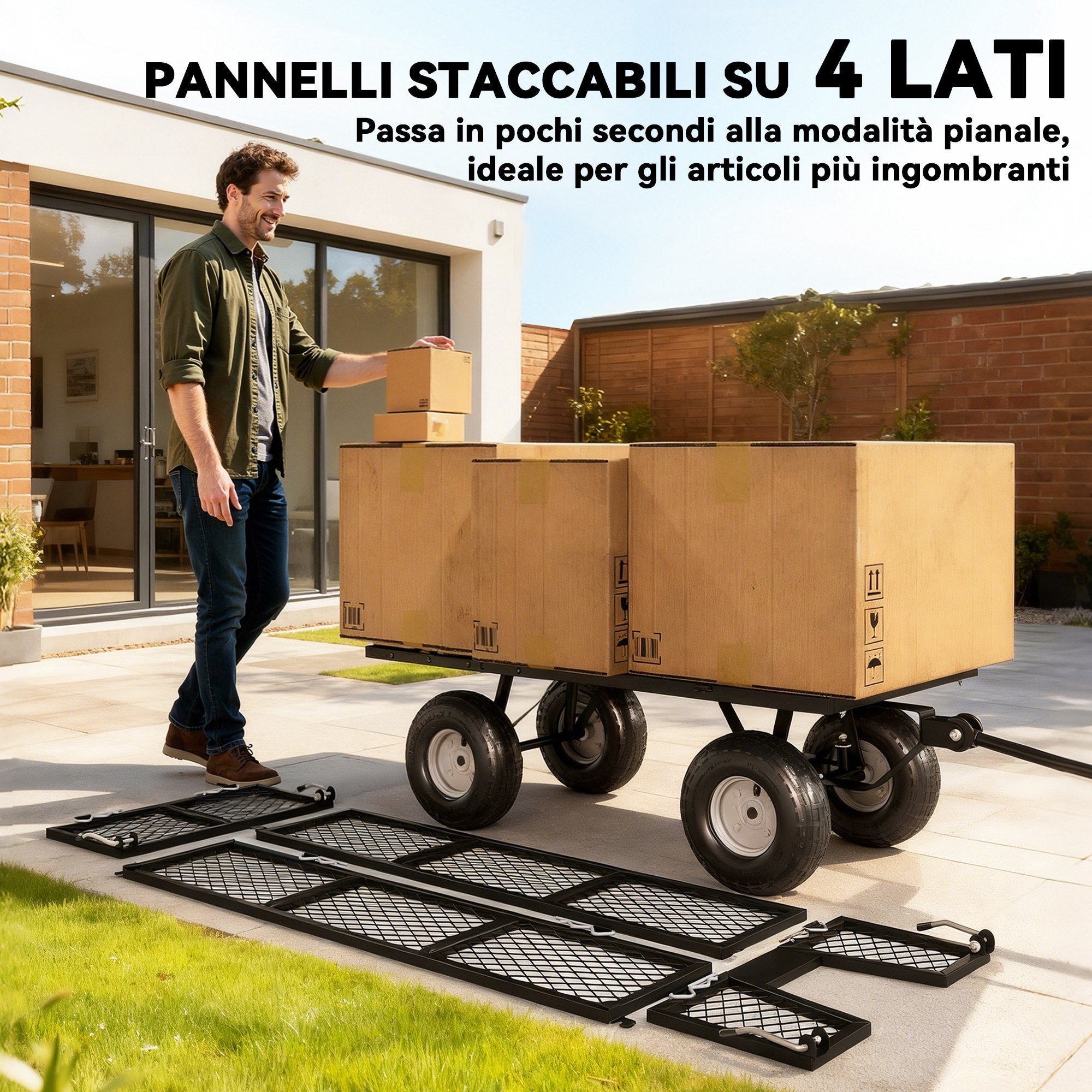 Carrello da Giardino in Acciaio 114 L con Pareti Rimovibili e Sacca Portaoggetti