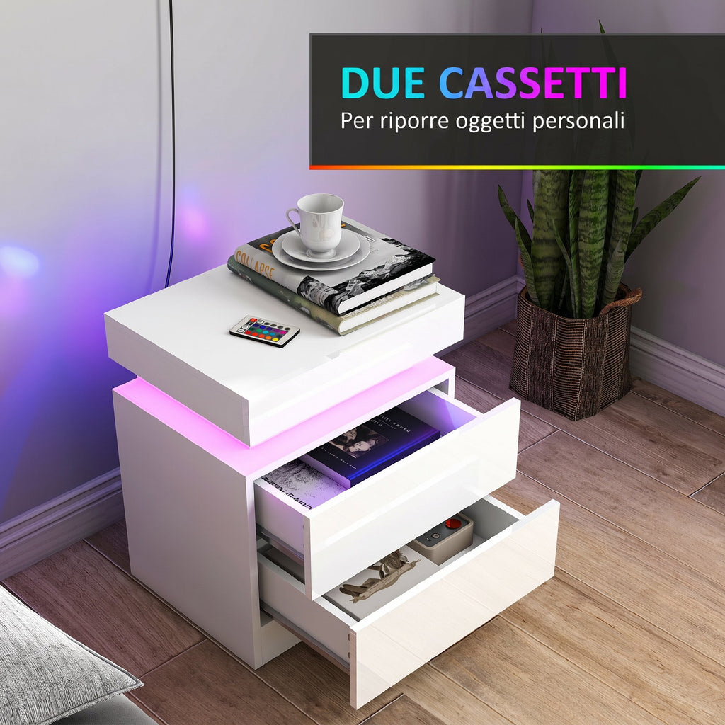 Set 2 Comodini LED a 16 Colori con 2 Cassetti in Legno