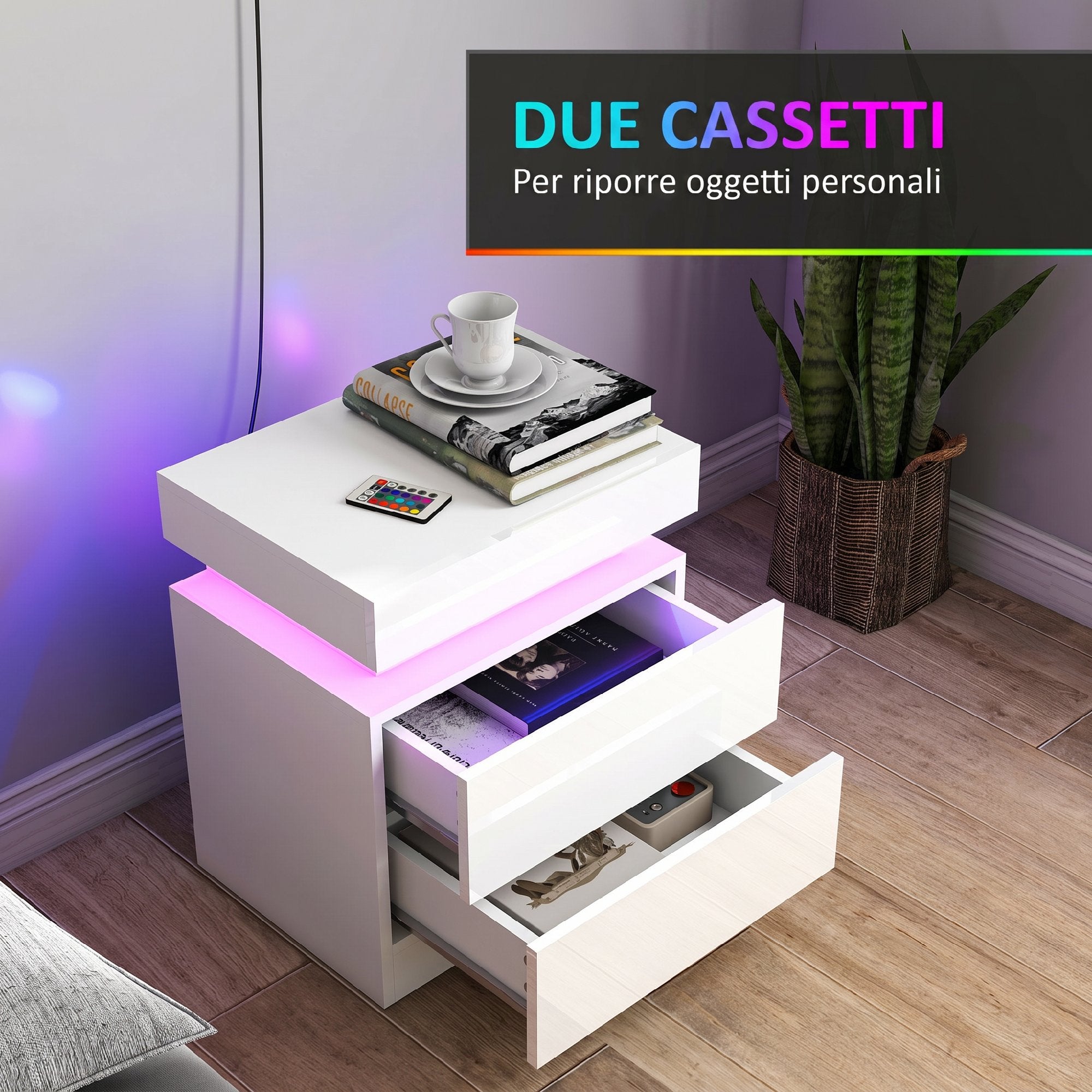 Set 2 Comodini LED a 16 Colori con 2 Cassetti in Legno