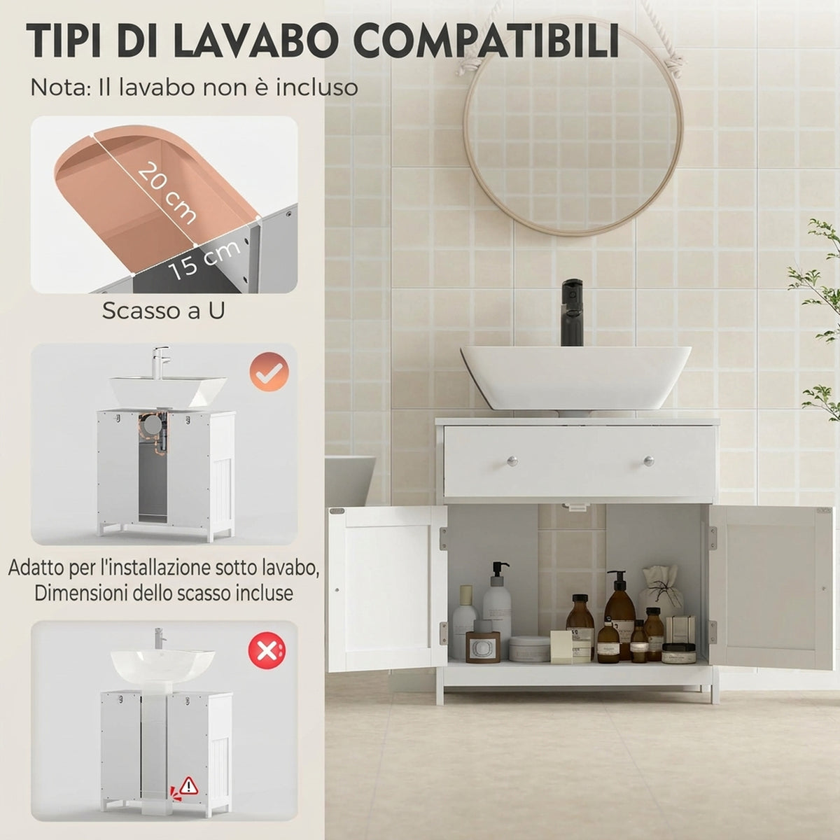 Mobiletto Sottolavabo Bianco con Cassetto e Armadietto