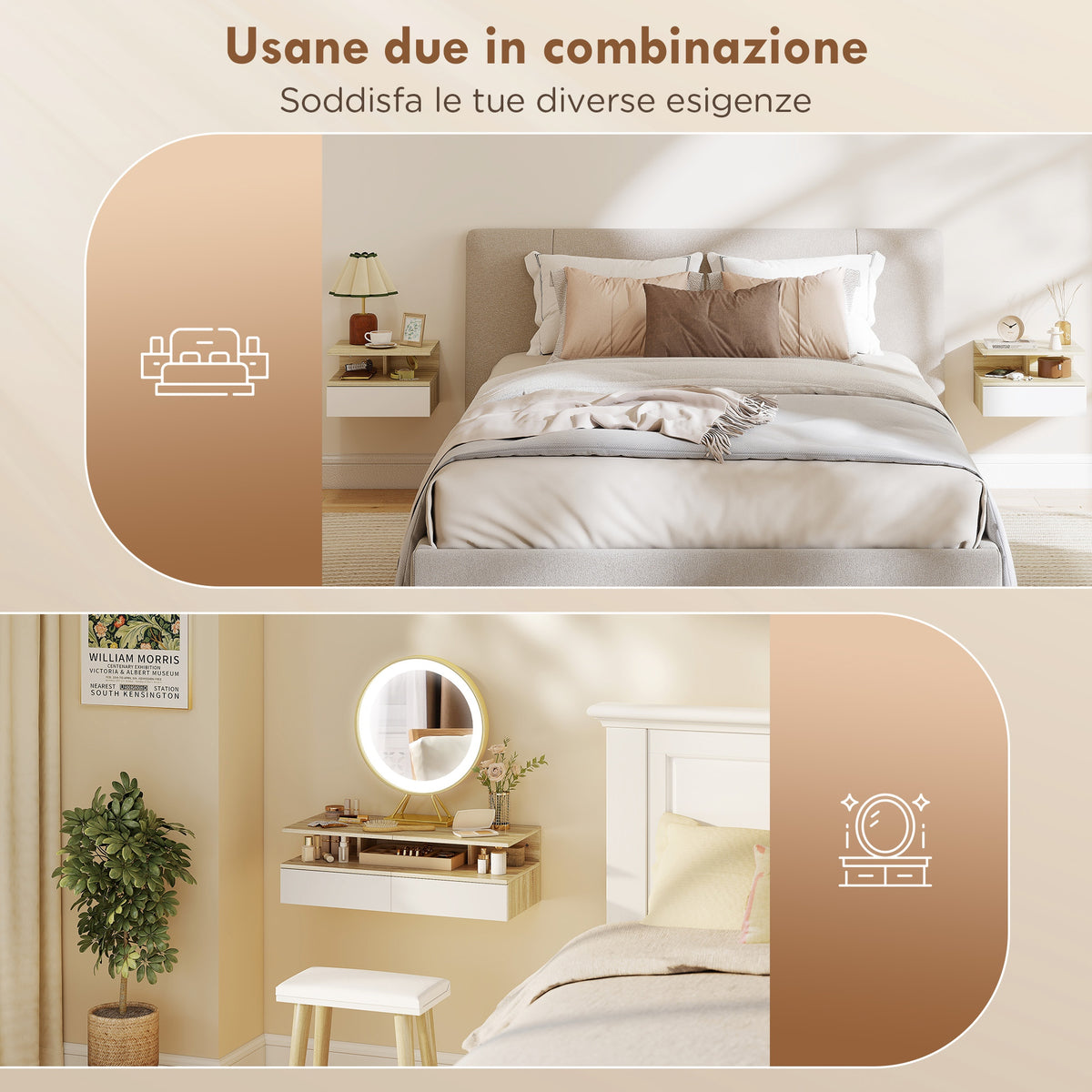 Set 2 Comodini Sospesi Rovere e Bianco