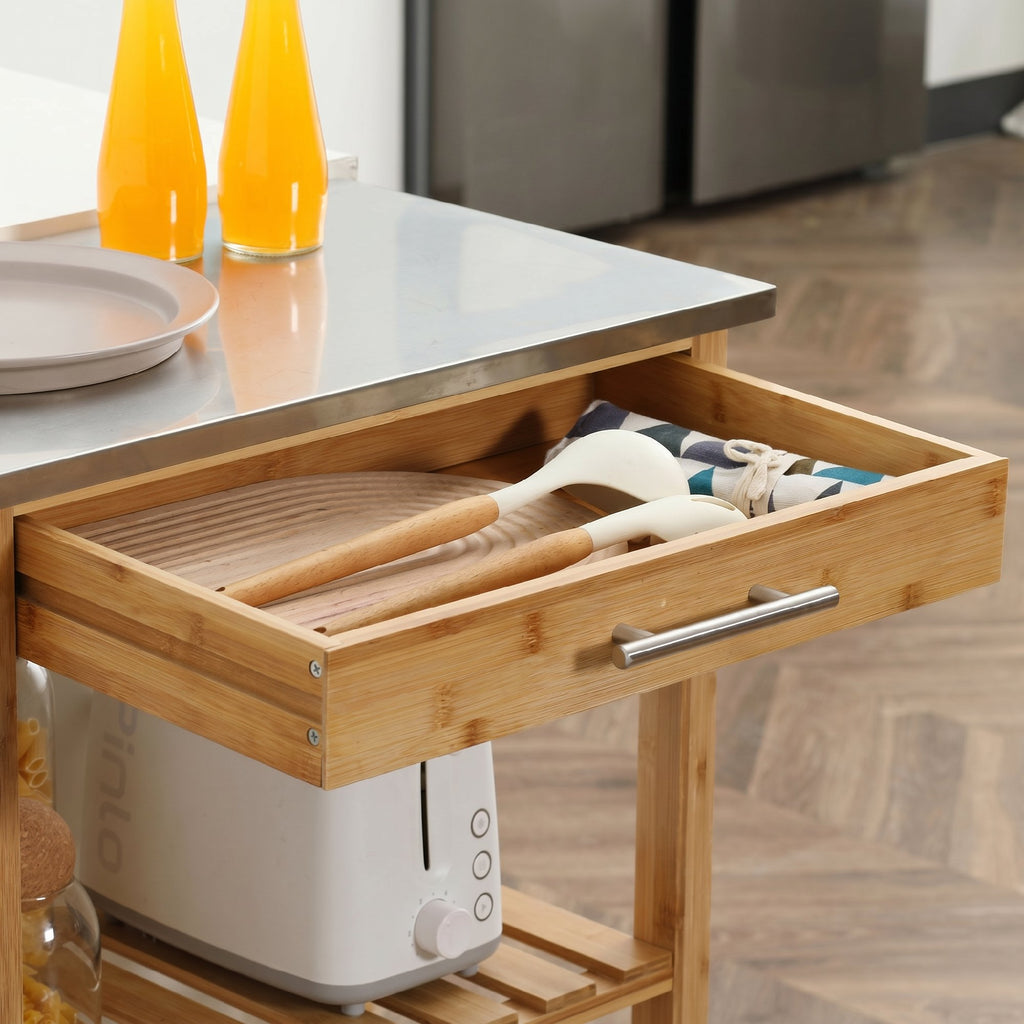 Carrello da Cucina in Bambù con Piano in Acciaio Inox