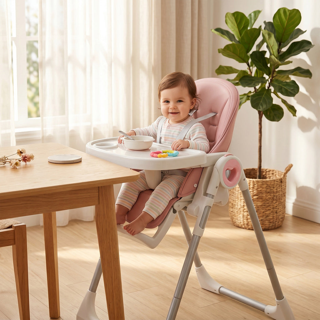 Seggiolone Pappa Pieghevole Rosa con Altezza Regolabile