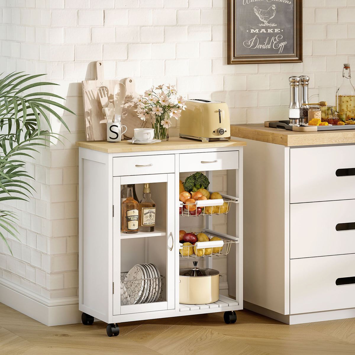 Carrello da Cucina in Bambù Bianco con 2 Cassetti