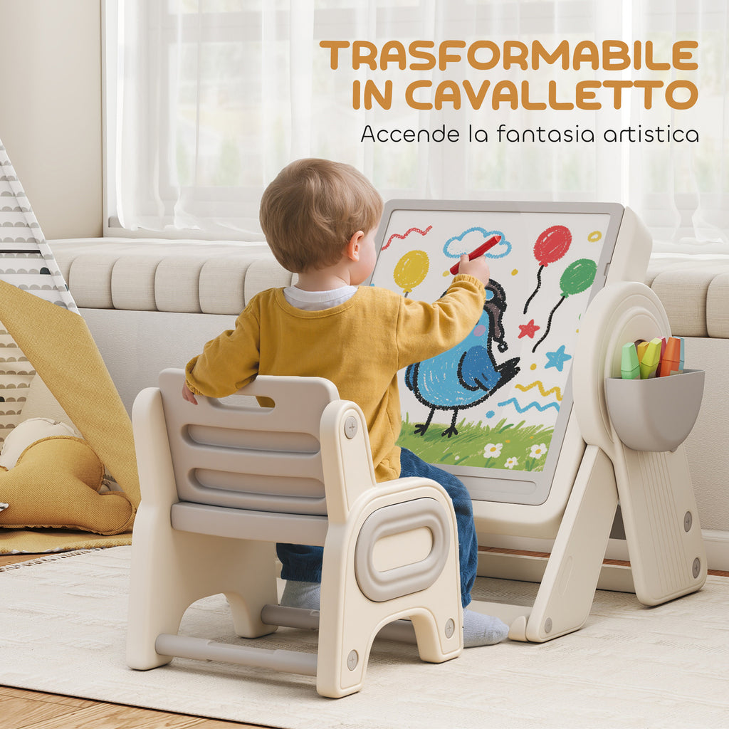 Tavolo Multiuso per Bambini con Ripiano Contenitore e Cassetti Grigio e Bianco