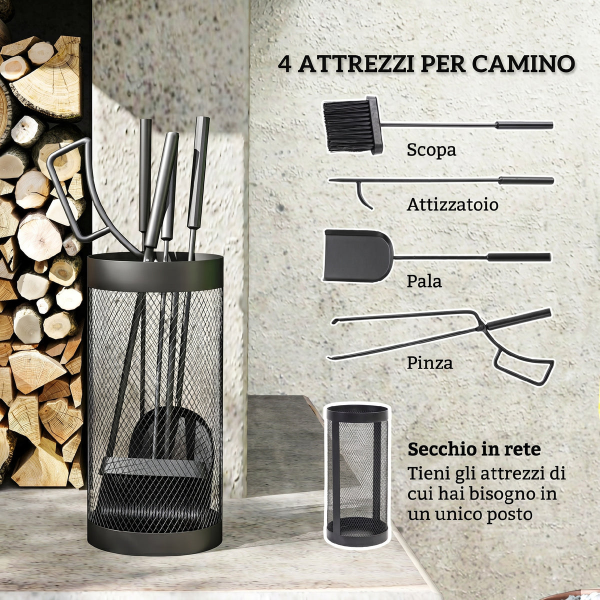 Set Utensili per Camino 5 Pezzi in Metallo con Supporto