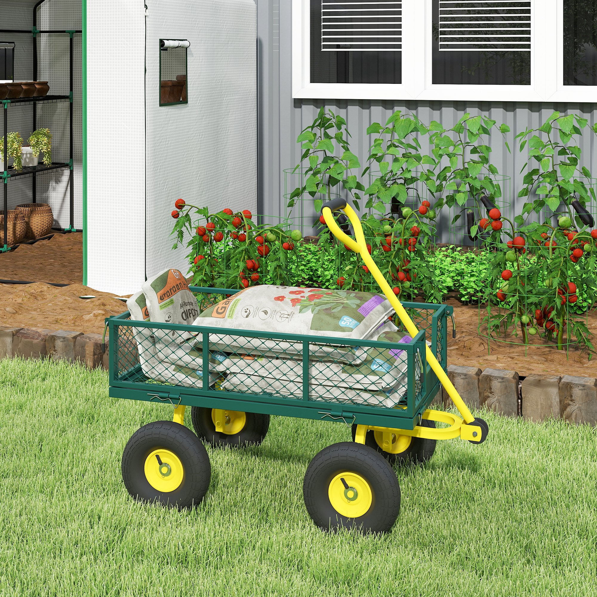 Carrello da Giardino in Acciaio 200 kg con Pareti Rimovibili e Maniglia Sterzante